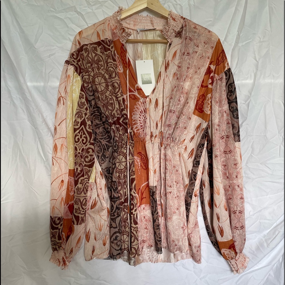 Zara | 70’s inspired paisley mixed print patchwork blouse